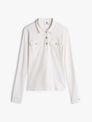 wit slim fit polo met lange mouwen voor dames - tommy hilfiger