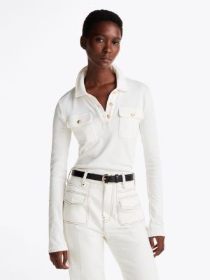 white slim fit polo met lange mouwen voor dames - tommy hilfiger