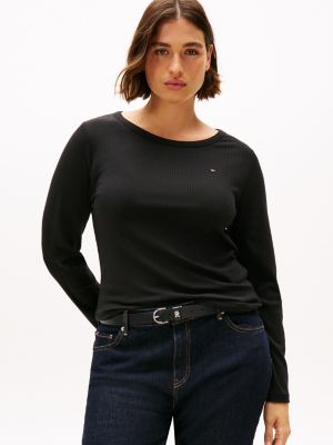 t-shirt ajusté curve côtelé à manches longues black pour femmes tommy hilfiger