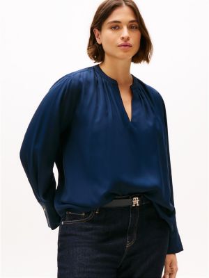 blue curve gathered v-neck relaxed blouse for women tommy hilfiger