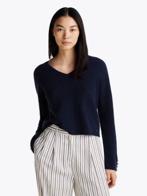 blue wool blend relaxed cropped jumper for women tommy hilfiger