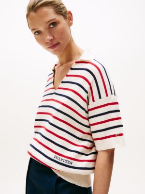 multi gestreifter polopullover mit kurzem ärmel für damen - tommy hilfiger