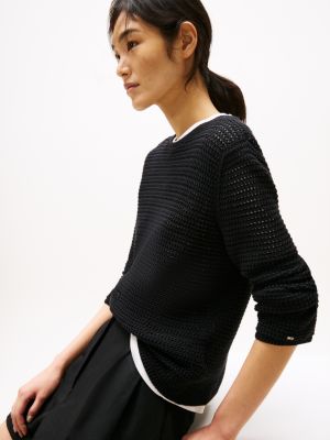 black pointelle crochet jumper for women tommy hilfiger