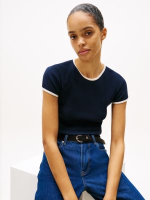 t-shirt ajusté contrasté à col ras-du-cou bleu pour femmes tommy hilfiger