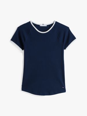 t-shirt ajusté contrasté à col ras-du-cou bleu pour femmes tommy hilfiger