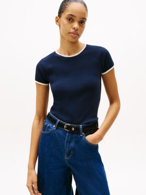 t-shirt ajusté contrasté à col ras-du-cou blue pour femmes tommy hilfiger