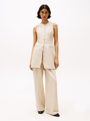 beige relaxed straight broek van linnenmix voor dames - tommy hilfiger