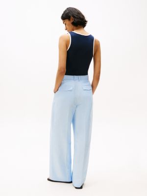 blue linen blend relaxed straight leg trousers for women tommy hilfiger