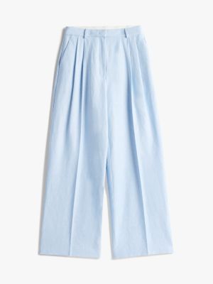 blue linen blend relaxed straight leg trousers for women tommy hilfiger