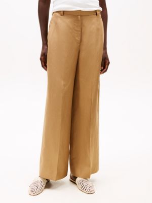 brown wide leg trousers with linen for women tommy hilfiger