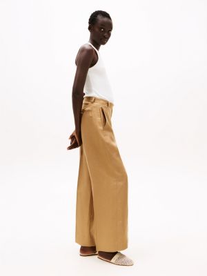 brown wide leg trousers with linen for women tommy hilfiger