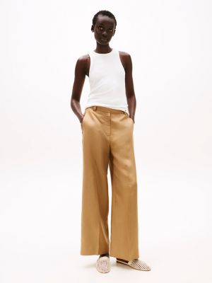 brown wide leg trousers with linen for women tommy hilfiger