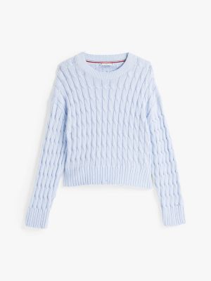 pull en maille torsadée à col ras-du-cou bleu pour femmes tommy hilfiger