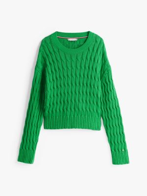 grün rundhals-pullover im zopfstrick-design für damen - tommy hilfiger