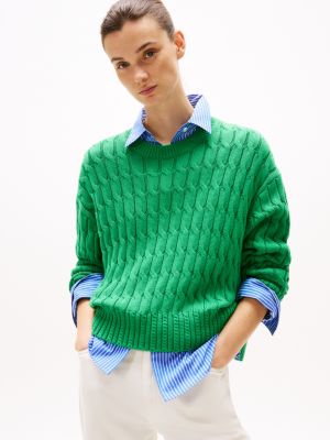 pull en maille torsadée à col ras-du-cou green pour femmes tommy hilfiger