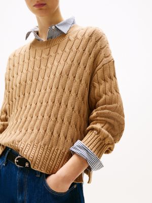 brown cable knit crew neck jumper for women tommy hilfiger