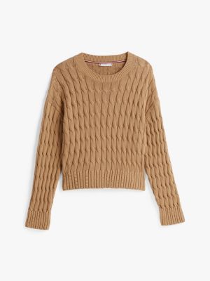 braun rundhals-pullover im zopfstrick-design für damen - tommy hilfiger