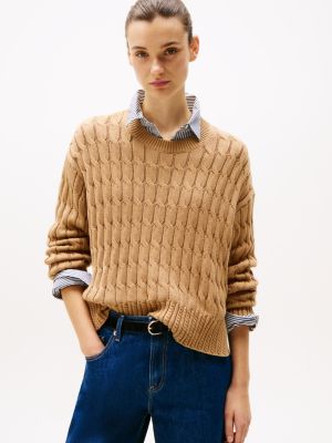 brown cable knit crew neck jumper for women tommy hilfiger