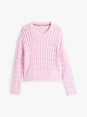 pull en maille torsadée à col ras-du-cou pink pour femmes tommy hilfiger