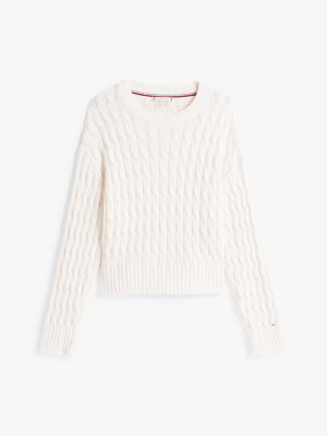 beige cable knit crew neck jumper for women tommy hilfiger