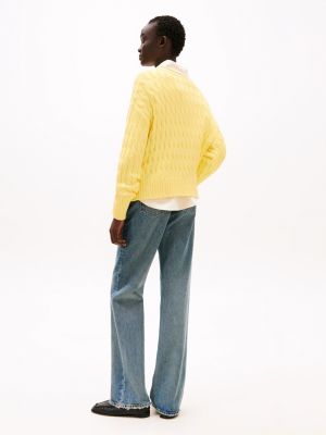 yellow cable knit crew neck jumper for women tommy hilfiger