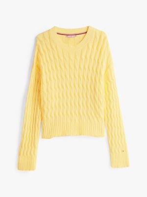 pull en maille torsadée à col ras-du-cou jaune pour femmes tommy hilfiger