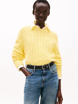 pull en maille torsadée à col ras-du-cou yellow pour femmes tommy hilfiger