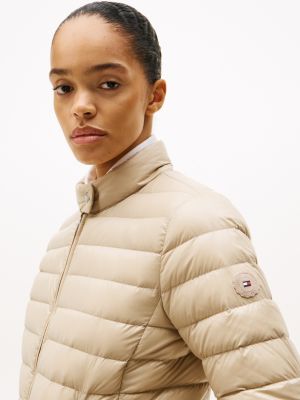 beige ultra light down mock neck jacket for women tommy hilfiger