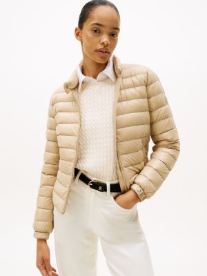 beige ultra light down jack met opstaande hals voor dames - tommy hilfiger