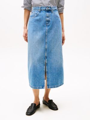 blue high rise denim midi skirt for women tommy hilfiger