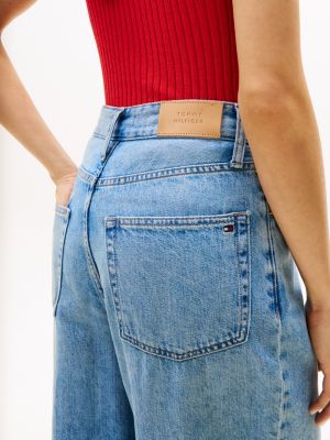 blue high rise wide leg cropped jeans for women tommy hilfiger