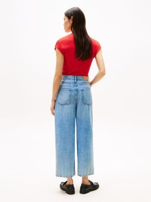 blue high rise wide leg cropped jeans for women tommy hilfiger