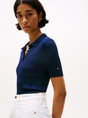 blauw ribgebreide polo-trui met korte mouwen voor dames - tommy hilfiger