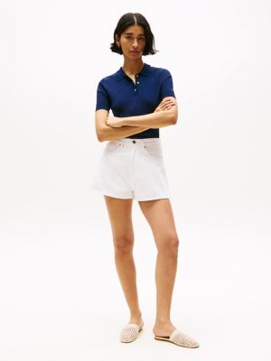 polo en maille côtelée à manches courtes bleu pour femmes tommy hilfiger