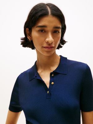 polo en maille côtelée à manches courtes bleu pour femmes tommy hilfiger