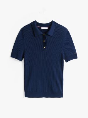 blue ribbed short sleeve polo jumper for women tommy hilfiger