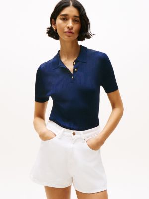 blue ribgebreide polo-trui met korte mouwen voor dames - tommy hilfiger