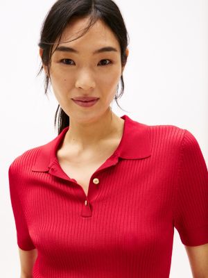 polo en maille côtelée à manches courtes rouge pour femmes tommy hilfiger