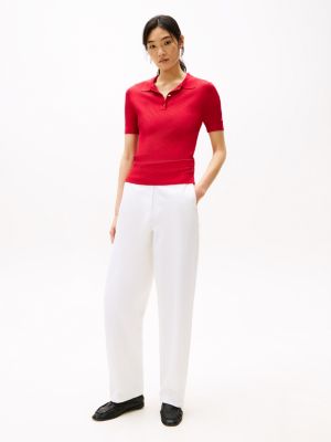 polo en maille côtelée à manches courtes rouge pour femmes tommy hilfiger