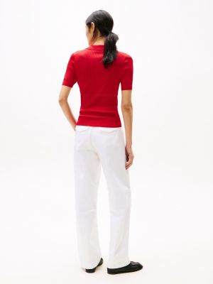 rood ribgebreide polo-trui met korte mouwen voor dames - tommy hilfiger