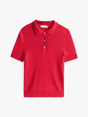 rood ribgebreide polo-trui met korte mouwen voor dames - tommy hilfiger