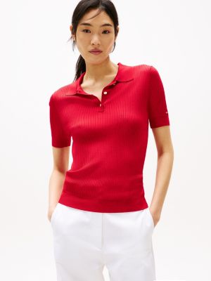 polo en maille côtelée à manches courtes red pour femmes tommy hilfiger