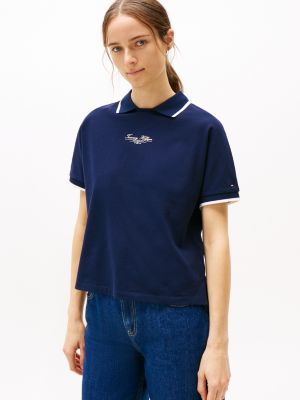 blue polohemd mit logo und rundhalsausschnitt für damen - tommy hilfiger