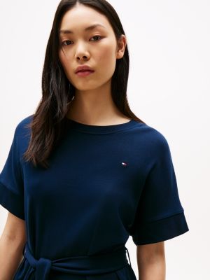 robe courte ceinturée à manches courtes bleu pour femmes tommy hilfiger