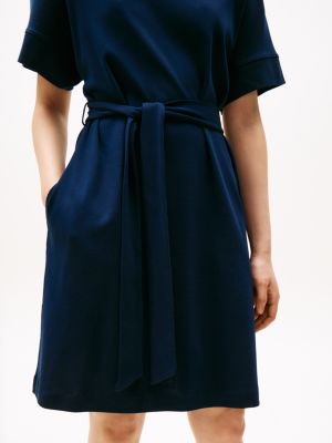 robe courte ceinturée à manches courtes bleu pour femmes tommy hilfiger