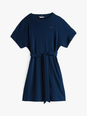 robe courte ceinturée à manches courtes bleu pour femmes tommy hilfiger