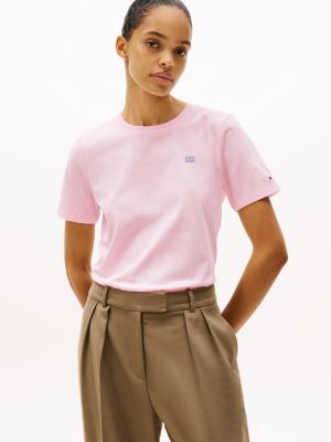 t-shirt à drapeau hilfiger contrasté rose pour femmes tommy hilfiger