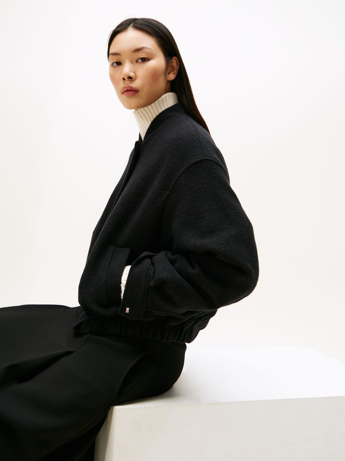 Textured Wool Blend Bomber Jacket — Black