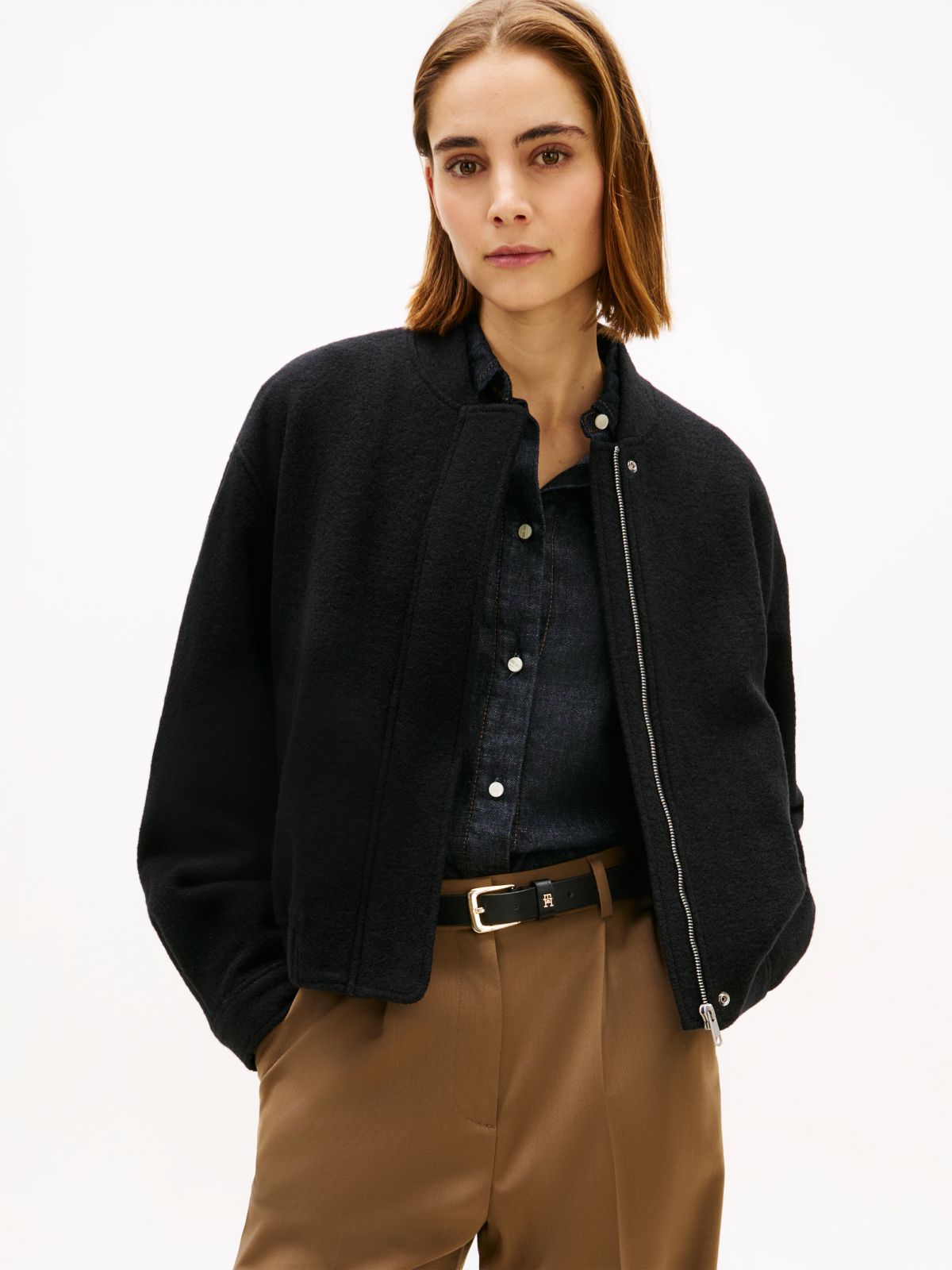 Textured Wool Blend Bomber Jacket — Black