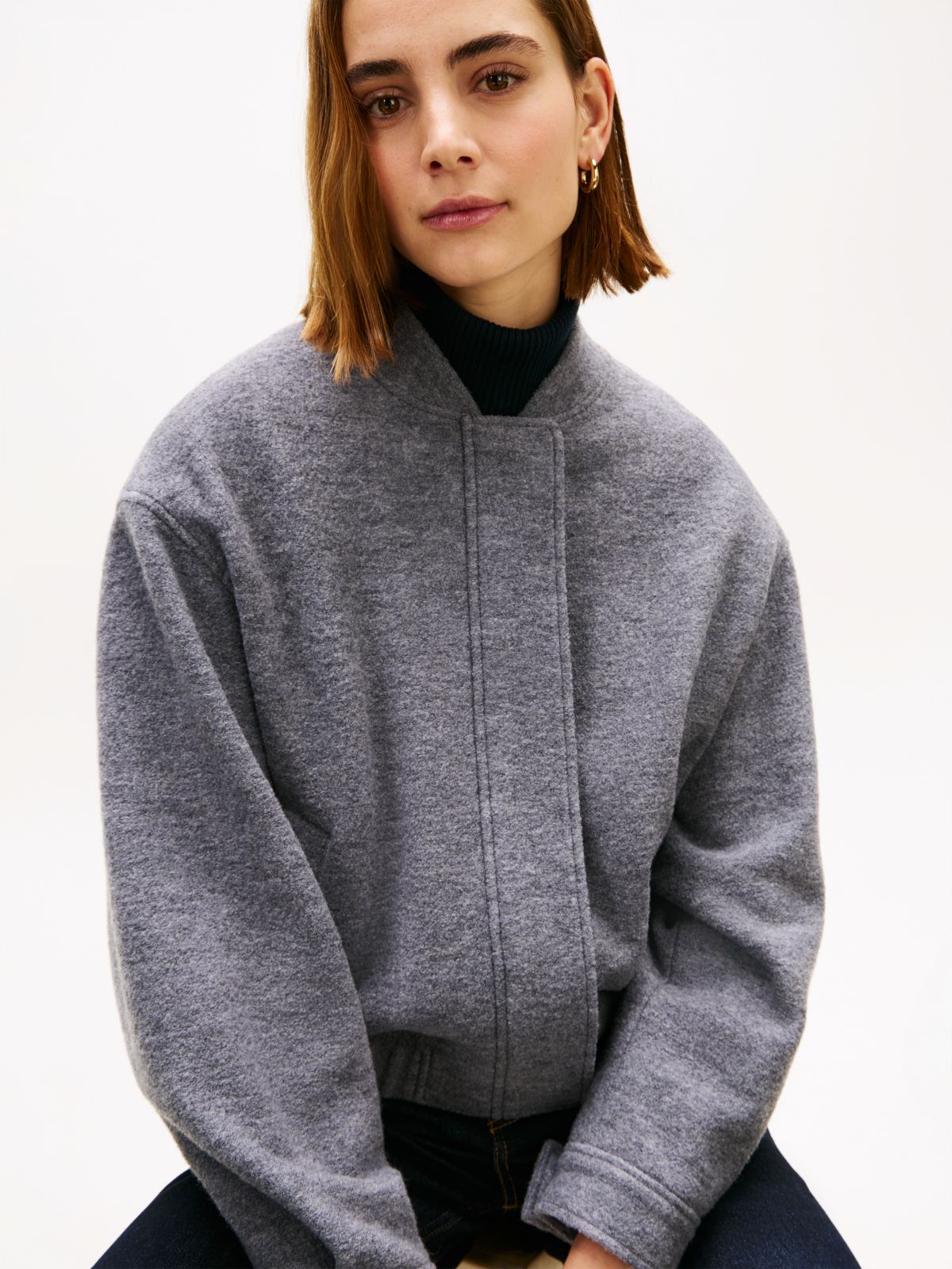 Textured Wool Blend Bomber Jacket — Grey
